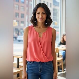 Cover Stitched Sleeveless Wrap top Size Medium Coral Pink blouse shirt top*